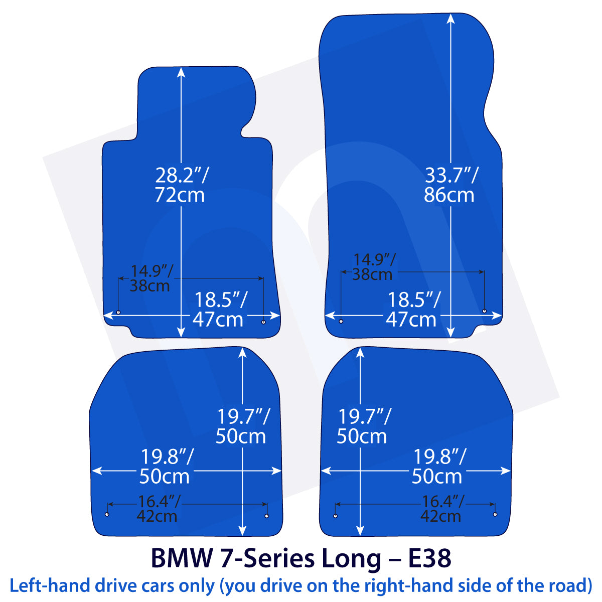 Blue outline diagram showing four car seat dimensions labeled in inches and centimeters, with text reading 'BMW 7-Series Long - E38' and a note for left-hand drive cars.