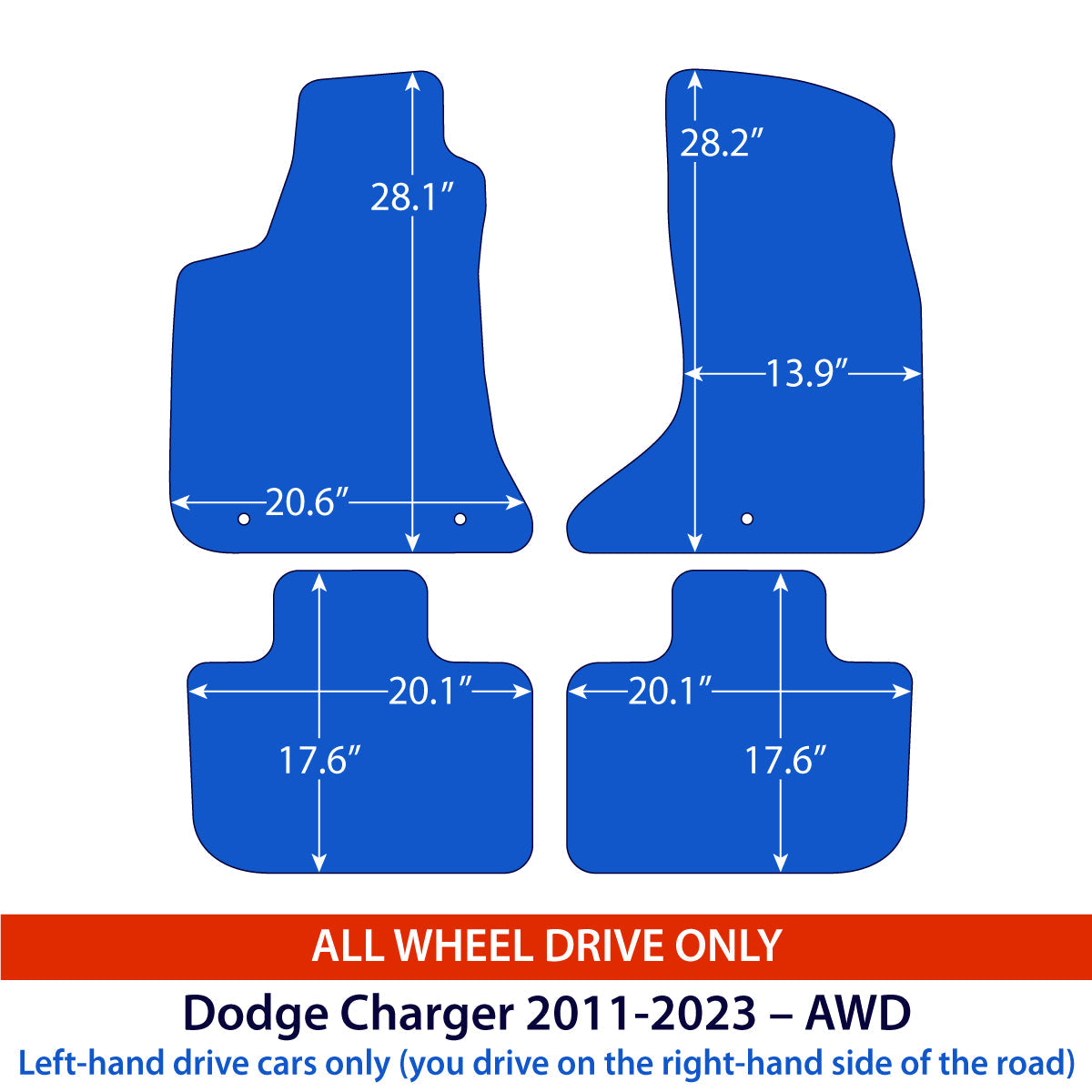 Dodge Charger Limousine Velours-Fußmatten 2010–2023 – Allrad – Schwarz