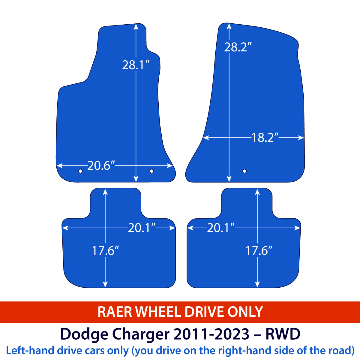 Dodge Charger Sedan Velour Floor Mats 2010–2023 – RWD – Black