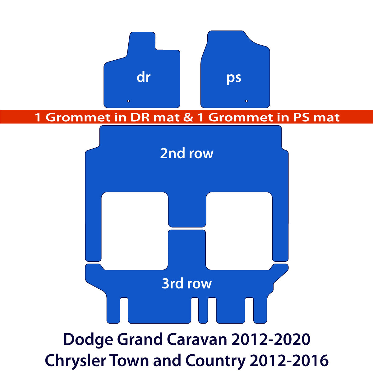 Dodge Grand Caravan 2012-2020 & Chrysler Town and Country 2012-2016 3 Reihen Velours Fußmatten – Schwarz