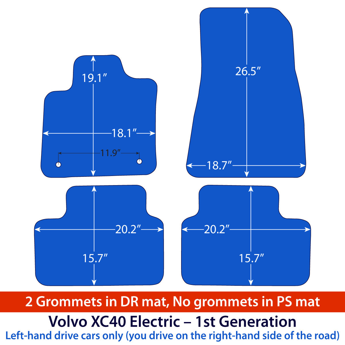 Volvo XC40 Electric Velour Floor Mats 2023-2026 – Clips in DR mat only – Flag Tag